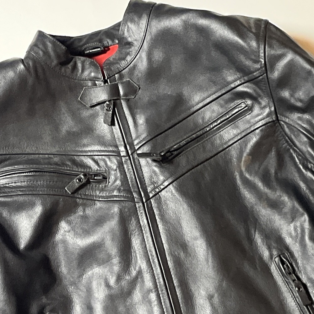 Olympia Moto Sports Mens Black Leather Motorcycle Jacket Padded Cafe Racer L